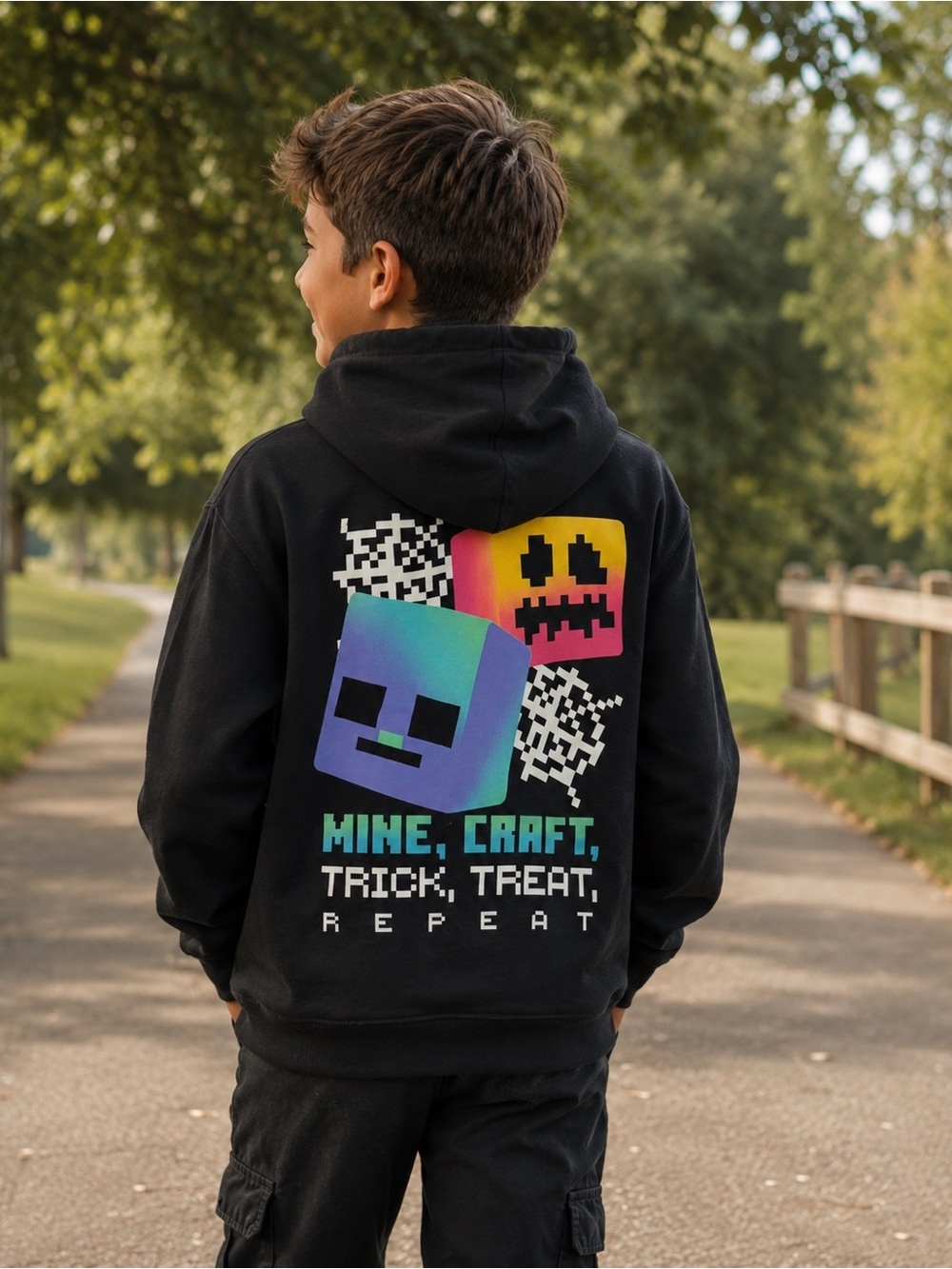 Minecraft Hoodie Black Zip Up Halloween Trick Treat Graphic Back Youth Sz 10-12